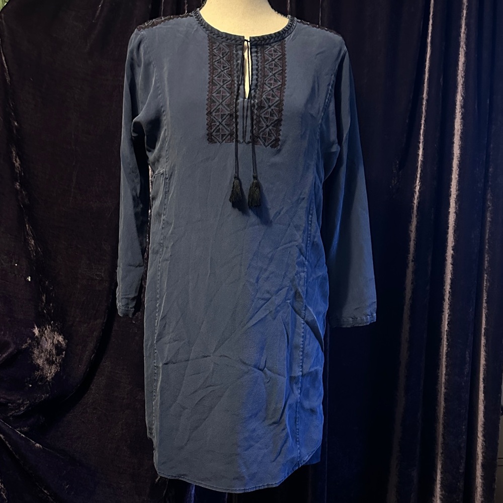 Madewell Silk Navy Blue Tunic Dress with Embroidered Detail Sz S